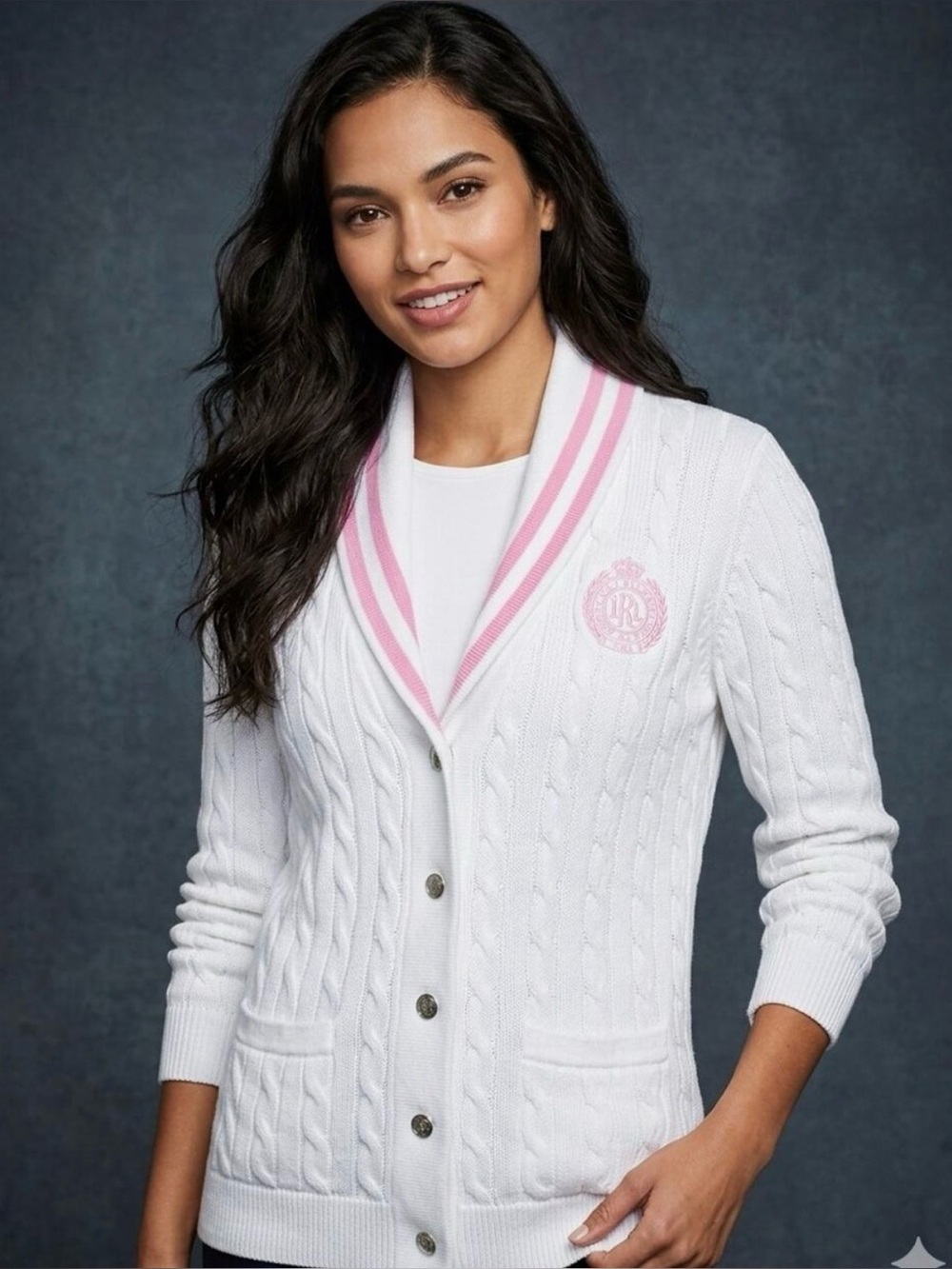 Ralph Lauren Cream Cable-Knit Shawl Collar Cardigan with Pink Crest Trim